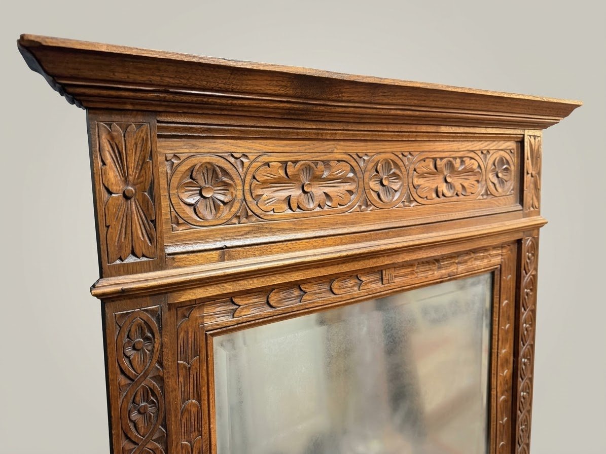 Late 19th Century Belgian Gothic Carved Oak Beveled Mirror - Image 2