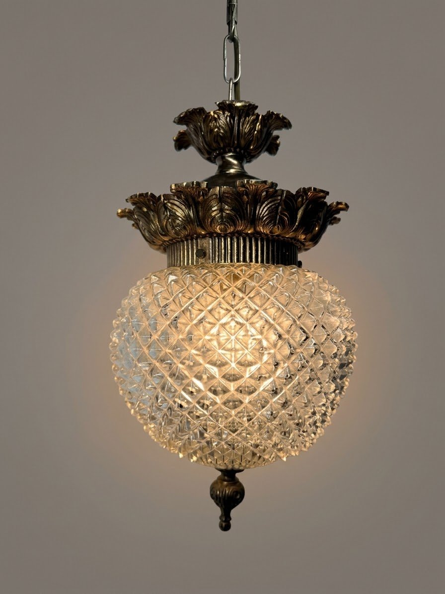 Vintage Textured Glass & Brass Pendant Light - Image 3