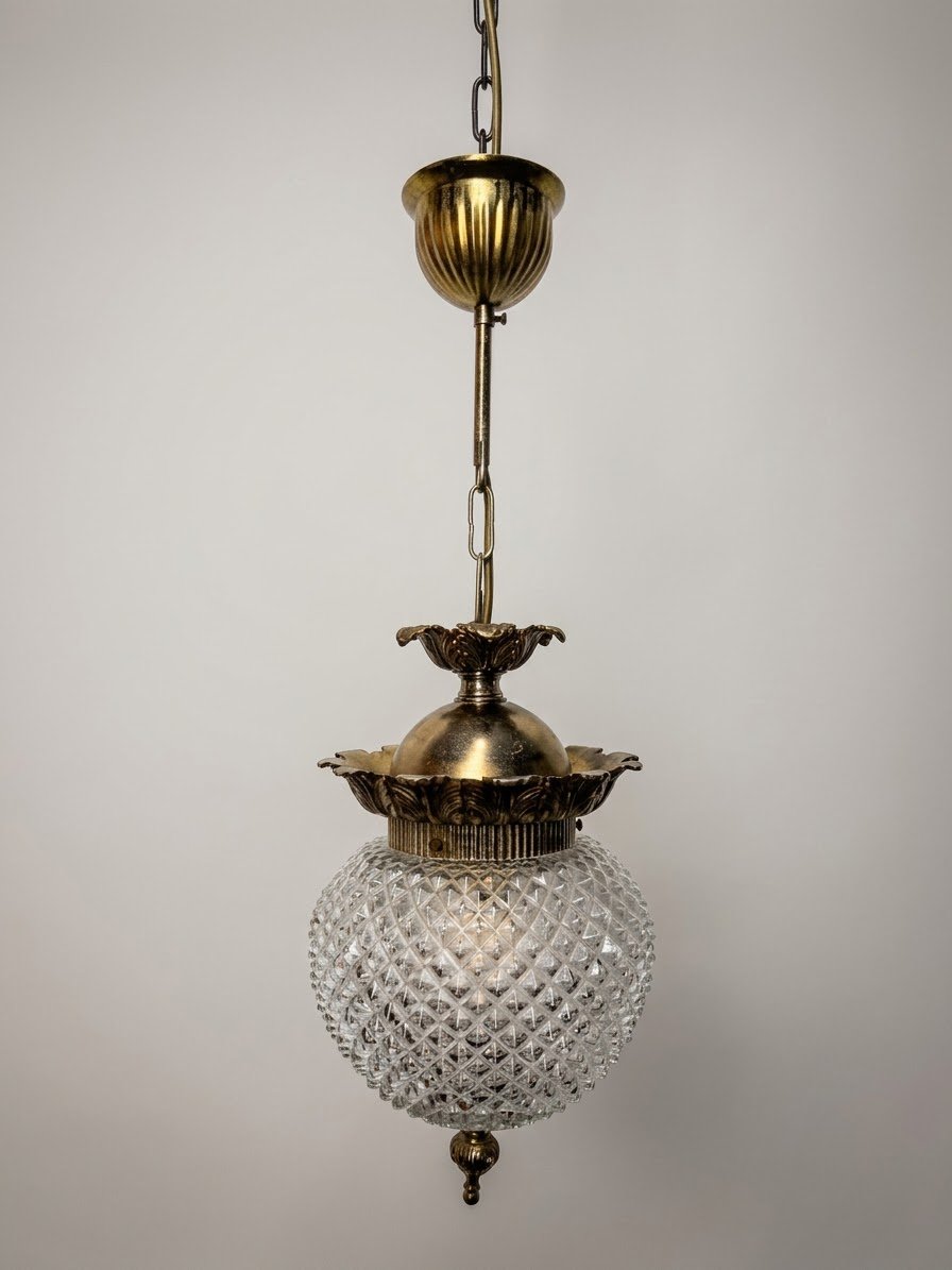 Vintage Textured Glass & Brass Pendant Light - Image 2