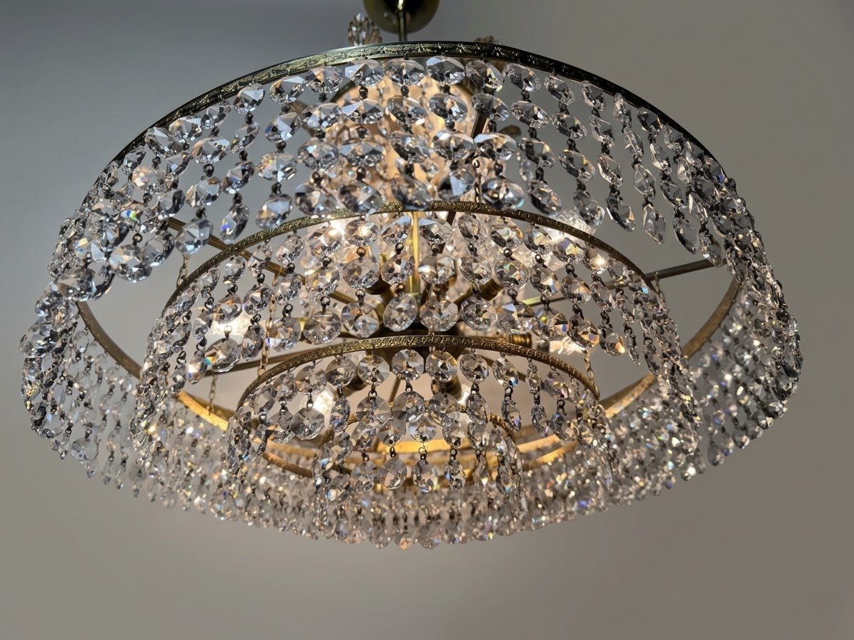 1960s Vintage Crystal & Brass Cascading Chandelier - Image 4
