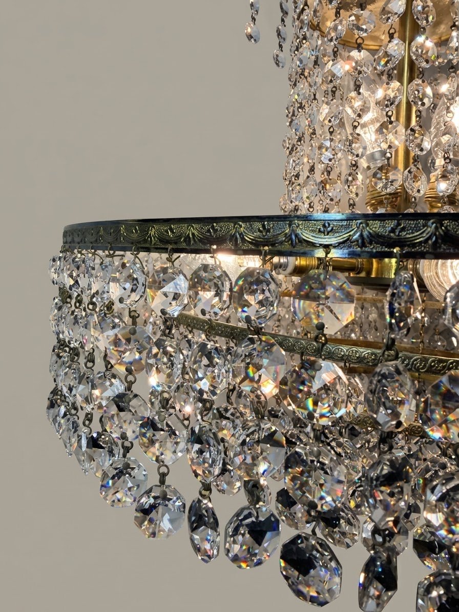 1960s Vintage Crystal & Brass Cascading Chandelier - Image 3