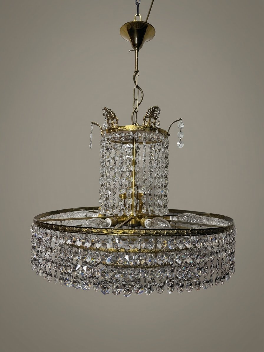 1960s Vintage Crystal & Brass Cascading Chandelier - Image 2
