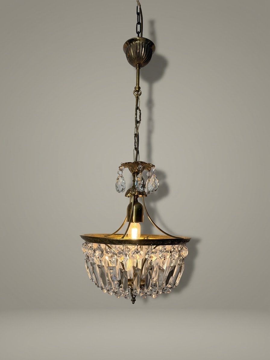Vintage French Brass & Crystal Lantern Chandelier