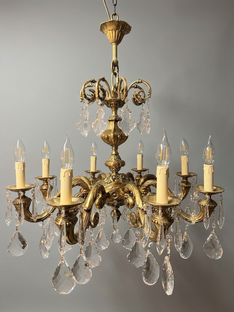 French Eight-Arm Brass & Crystal Chandelier - Image 2