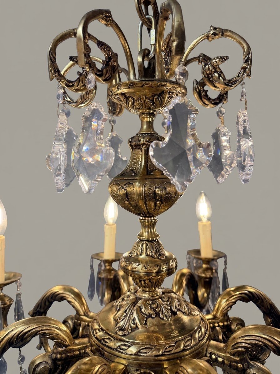 French Eight-Arm Brass & Crystal Chandelier - Image 4